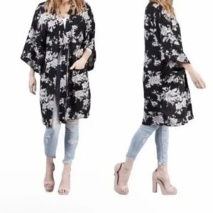 Spiritual Gangster Black White Floral Kimono One Size